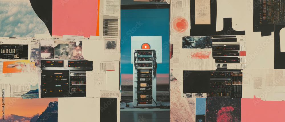 Poster minimalistic mixed media collage featuring technology and data center imagery