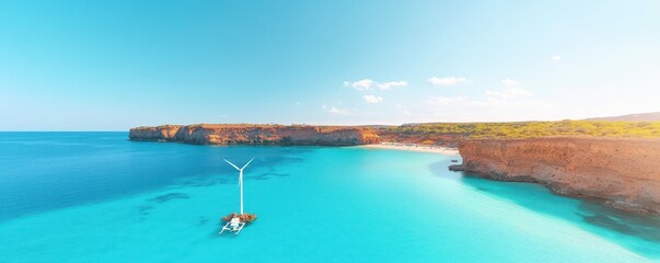 Serene Coastal View with Wind Turbine and Clear Water