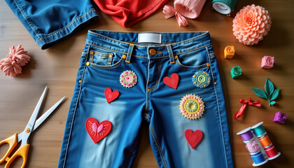 Colorful embroidery patches adorn denim jeans on wooden workbench. Sewing tools like scissors, thread present. Creative DIY customization project. Fashionable jean personalization. Handmade design
