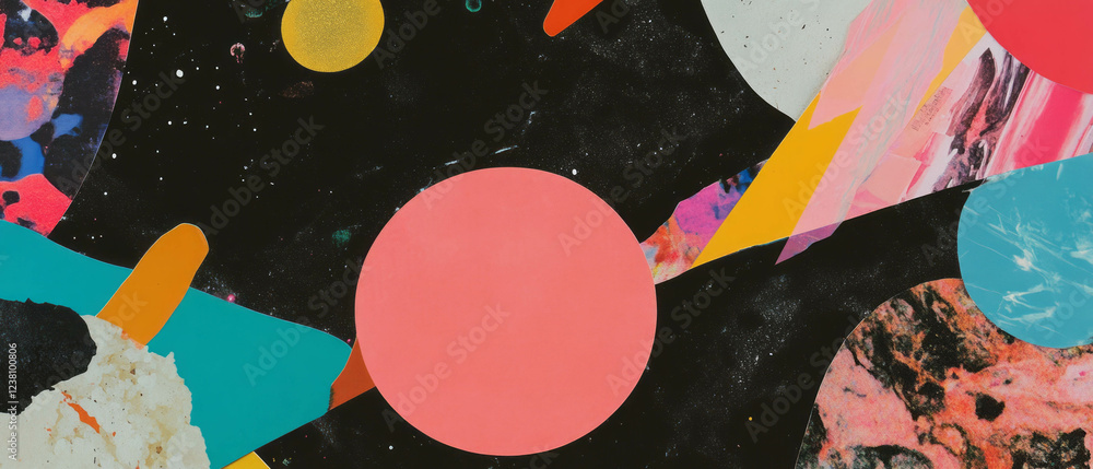 Poster Minimalistic mixed media collage with textures and playful colorful elements on dark background