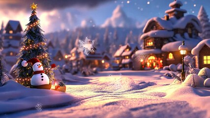 Charming winter village scene with festive decorations and a snowman under a starry night sky - Powered by Adobe