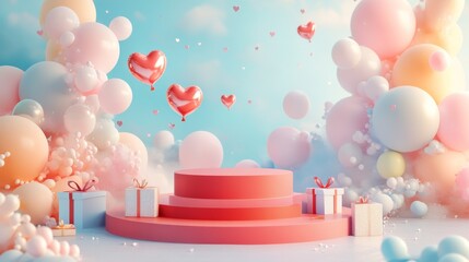 Abstract minimal Valentine's Day design with red podium, heart-shaped balloons floating around gift boxes, and a soft pastel-colored backdrop, all positioned on the right side in a 3D illustration.