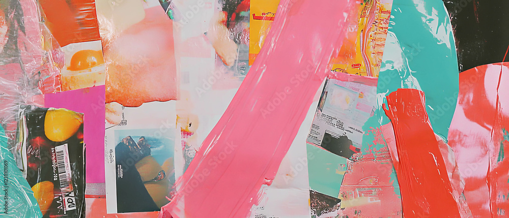 Poster creative minimalistic mixed media collage with layers of colorful textures and materials