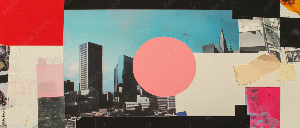 Poster minimalist mixed media constructivist collage featuring an urban skyline with geometric elements