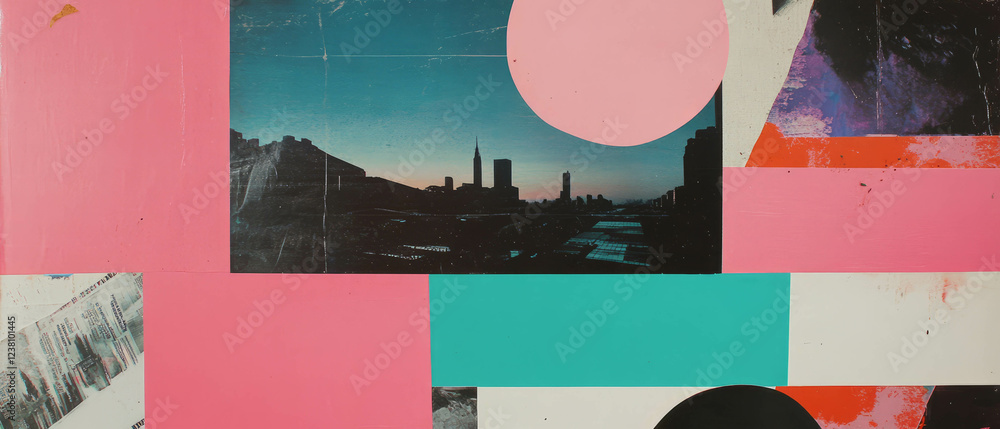 Poster exploring minimalism in mixed media collage with urban skyline and geometric shapes