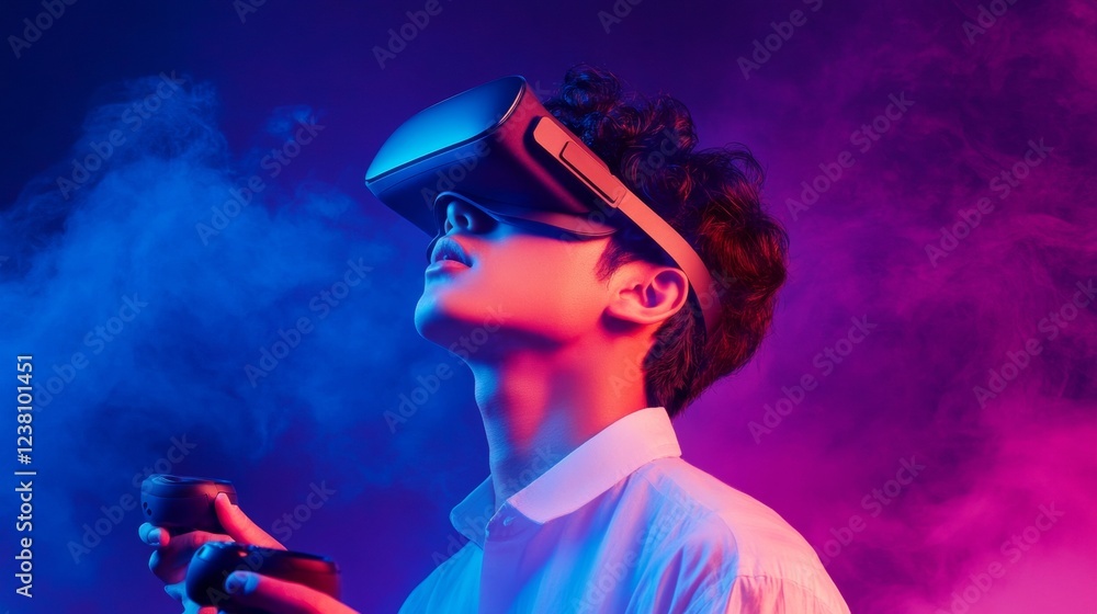 Poster neon tech immersion asian man in vr gaming with motion controllers amidst fog and neon lights - digi