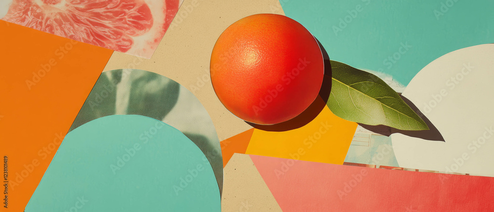 Poster minimalist mixed media constructivist collage featuring geometric fruit forms and vibrant textures