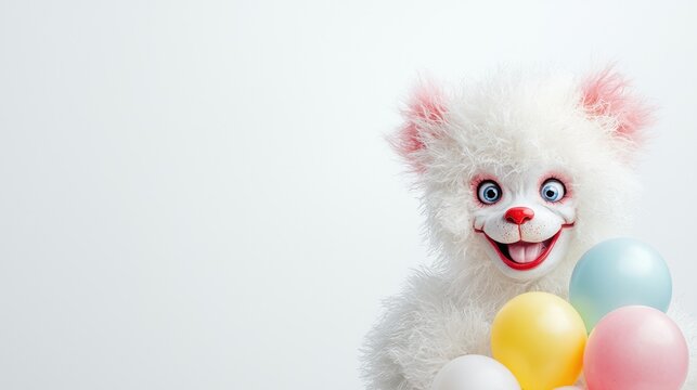 Creepy teddy bear holding balloons, white background, party concept