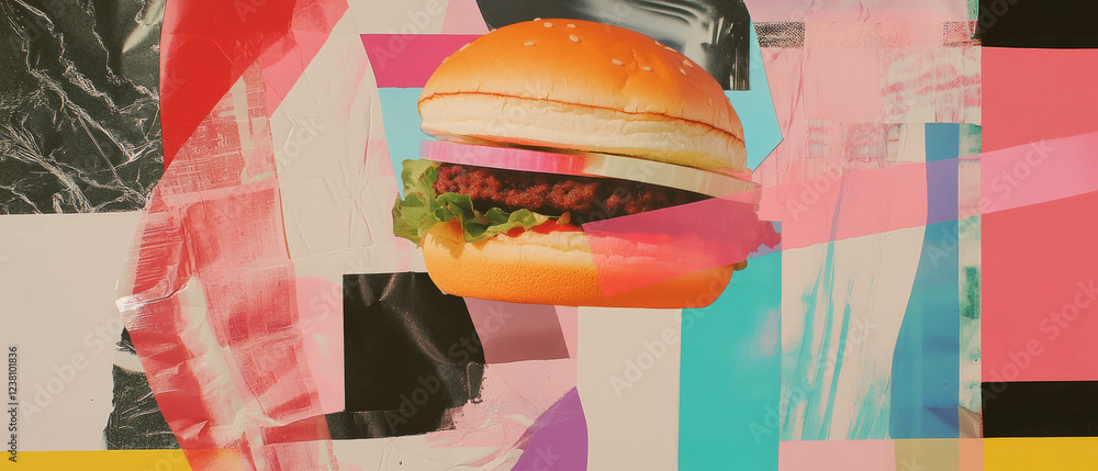 Poster minimalistic mixed media geometric collage featuring vibrant textures and playful elements