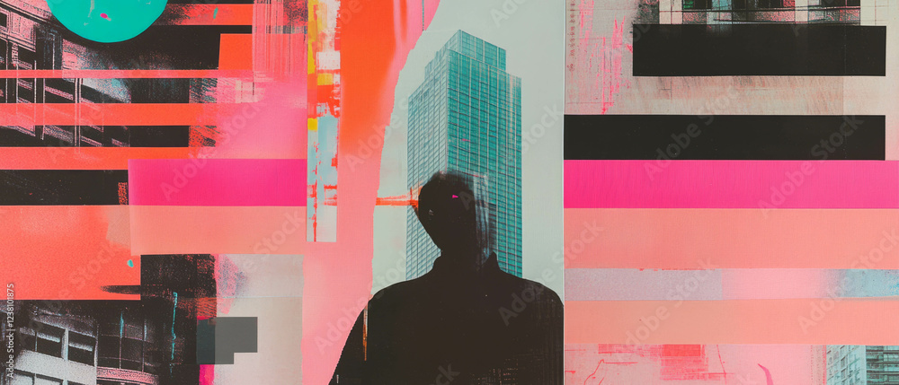 Poster exploring urban dynamics through minimalistic geometric collage art
