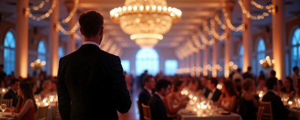 Elegant people enjoy dinner at evening charity gala in large hall. Man in formal suit stands facing crowd. Many people dressed in nice clothes sit at tables. Lots of warm light creates nice
