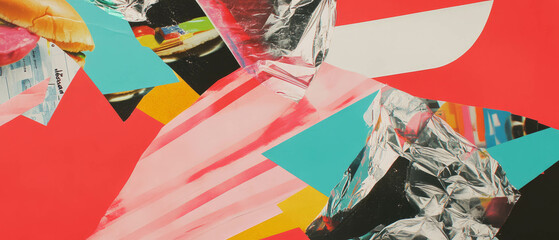 Creative geometric collage featuring burger wrappers and vibrant cutouts on textured background