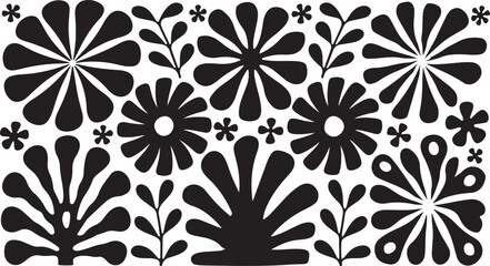 Matisse curves aestethic seamless flower patterns | Groovy abstract flower art set | Botanic vector illustration | Set of groovy abstract botanical floral background in trendy naive retro hippie