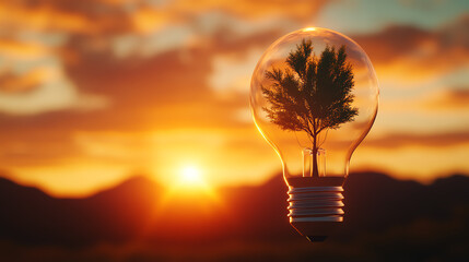 A light bulb with a tree inside, symbolizing ideas nurturing growth, Realistic Photo Professional photography, Warm, soft directional lighting with diffused shadows,