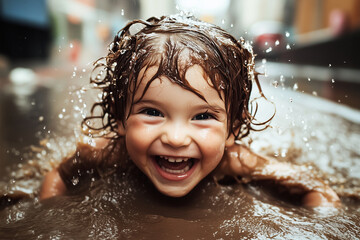 Obraz premium A young child is splashing in a muddy puddle, smiling and laughing