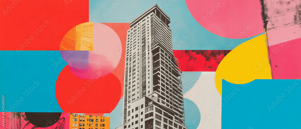 Poster mixed media suprematist collage featuring geometric abstraction and urban architecture