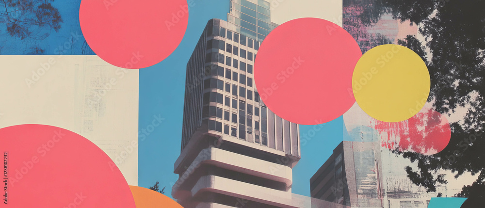 Poster minimalistic mixed media collage showcasing geometric abstractions around a high-rise building