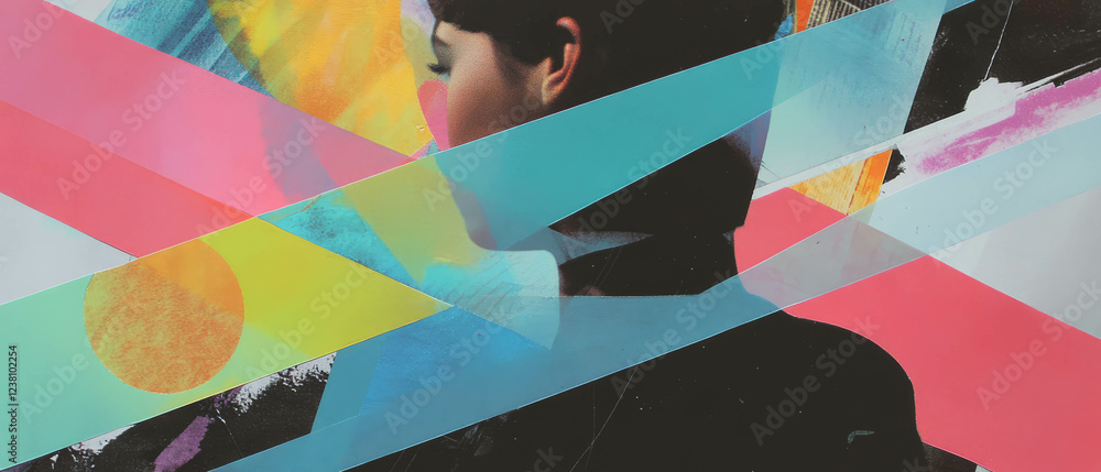 Aufkleber abstract collage features intersecting lines with translucent textures and layered magazine cutouts