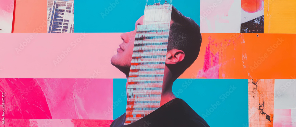 Poster dynamic interplay of geometric shapes and high-rise architecture in minimalistic collage