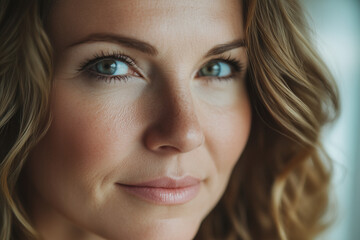 Obraz premium Close-up portrait of a confident woman with radiant skin and natural freckles, showcasing beauty and elegance. Ideal for skincare, lifestyle, and beauty campaigns