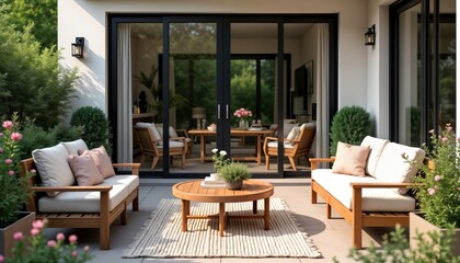 Fototapeta premium Cozy outdoor patio area with modern wooden furniture. Sliding glass doors lead to stylish interior space. Relaxing atmosphere perfect for summer days. Stylish, elegant patio design with tranquil