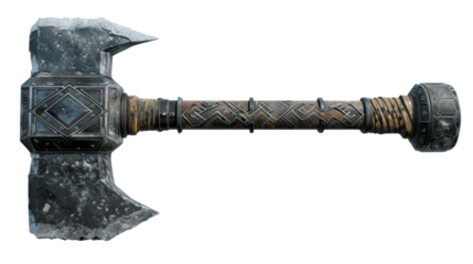 Viking axe with wooden handle and transparent background, lying horizontally