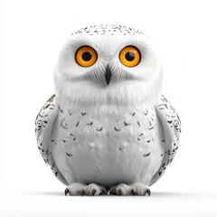 Fototapeta premium Snowy owl with bright yellow eyes staring forward, isolated on a clean white background