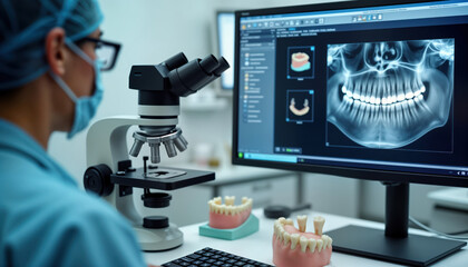 Dentist uses advanced CAD CAM dental tech for prosthesis, crowns milling in modern lab. Expert examines 3D models, X-ray images on computer. Modern dentistry tech creates perfect restorations. Dental