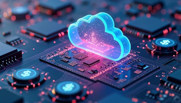 Cloud computing cost efficiency visualized. Pay-per-use pricing models, resource optimization techniques depicted on circuit board. AI, automation enhance cloud computing. Modern tech solution. Cost