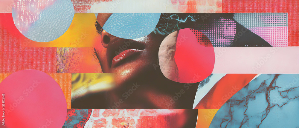 Poster abstract scrapbook collage featuring colorful shapes and textures in a minimalistic design