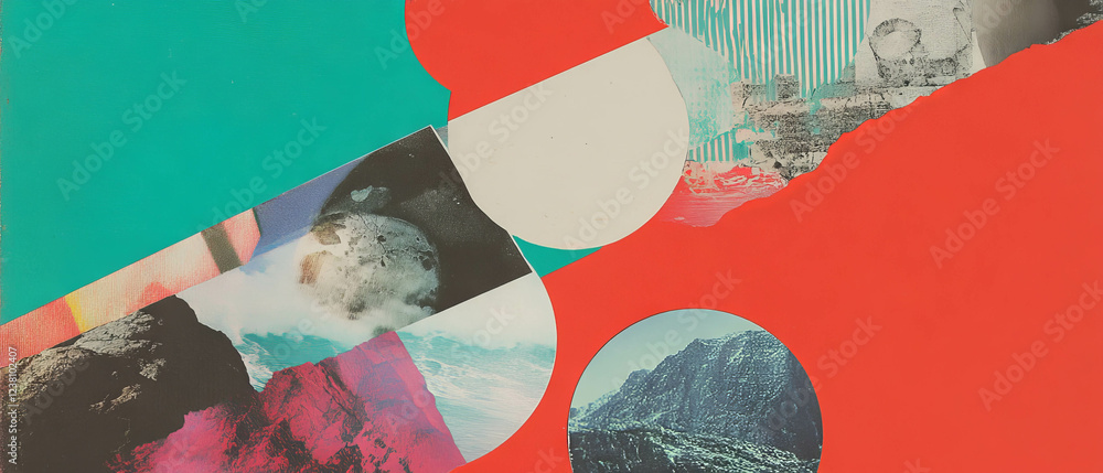 Poster minimalistic scrapbook collage showcasing vibrant abstract shapes and textures in harmonious design