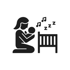 Parent holding baby with crib icon