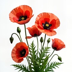 Fototapeta premium Beautiful bright red poppies bloom on white background. Vivid flowers, green leaves create spring floral scene. Closeup view highlights flower petals. Nature lovers appreciate single blossom.