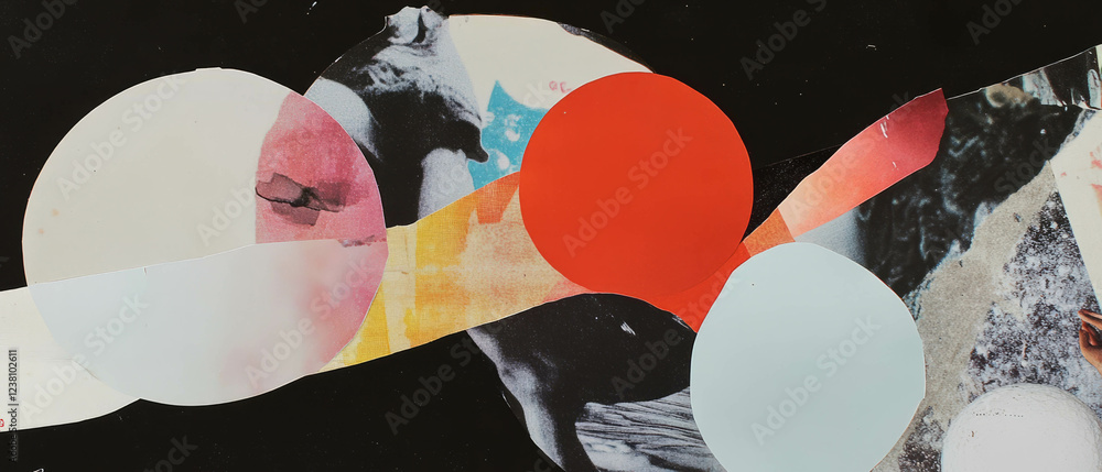 Poster minimalistic scrapbook collage featuring curved lines and textured cutouts from magazines