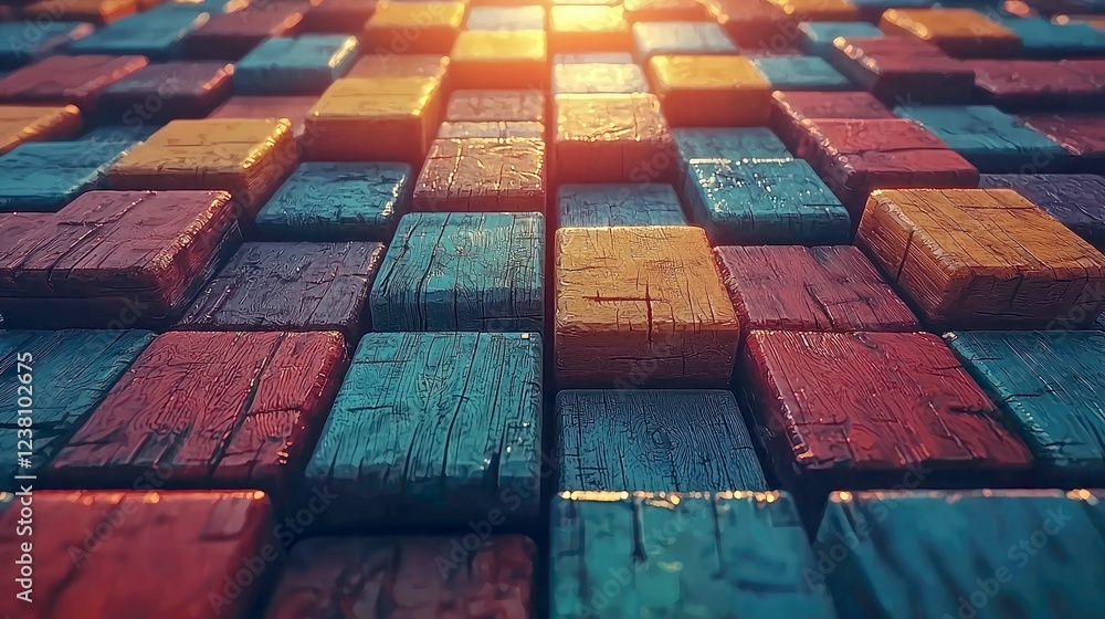Poster colorful wooden blocks: abstract geometric pattern background texture - digital 3d rendering