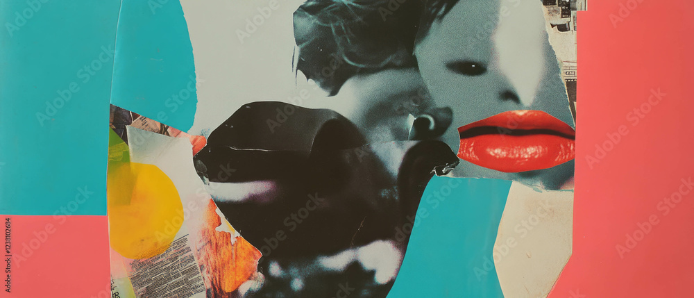 Poster dynamic minimalistic collage showcasing diverse textures and shapes from magazines and mixed media
