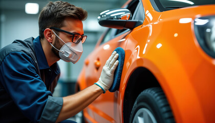 Mechanic polishes orange car in modern workshop. Focused professional works carefully on vehicle body. Automotive repair, detail work. Pro car service. High-quality auto detailing. Interior, exterior