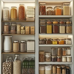 Neatly organized vegan pantry showcasing a variety of healthy ingredients for vibrant plant-based meals. Generative AI
