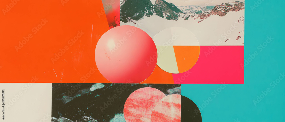 Poster exploring creativity through minimalistic scrapbook collage with vibrant shapes and textures