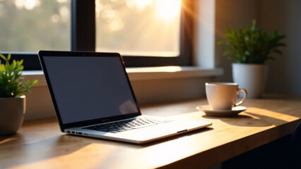 Fototapeta premium A cup of coffee on a wooden table next to a laptop by the window.