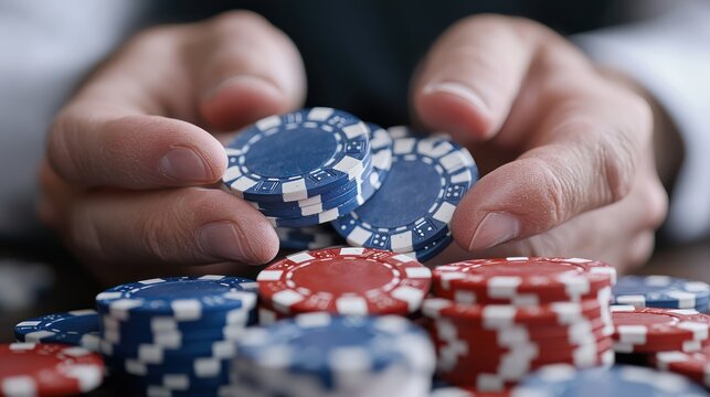 A close-up of hands holding poker chips over a pile of red and blue chips. - Powered by Adobe