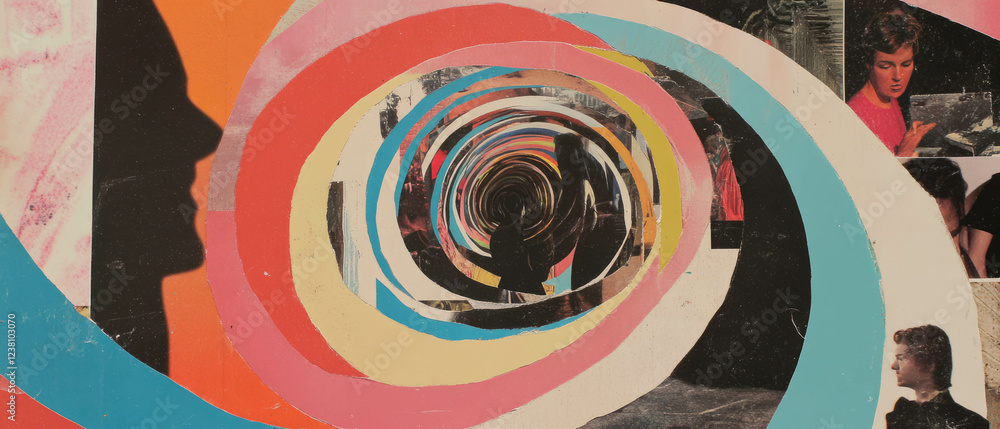 Poster minimalistic scrapbook collage featuring swirling lines and diverse textures in a creative layout