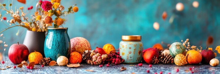 Vibrant tarot card flat lay surrounded by modern and vintage accessories in creative arrangement