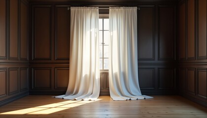 Elegant room with dark wooden walls, light wooden floor. White curtains draped gracefully in front of window. Sunlight streams through curtains creating dramatic shadows. Interior design featuring