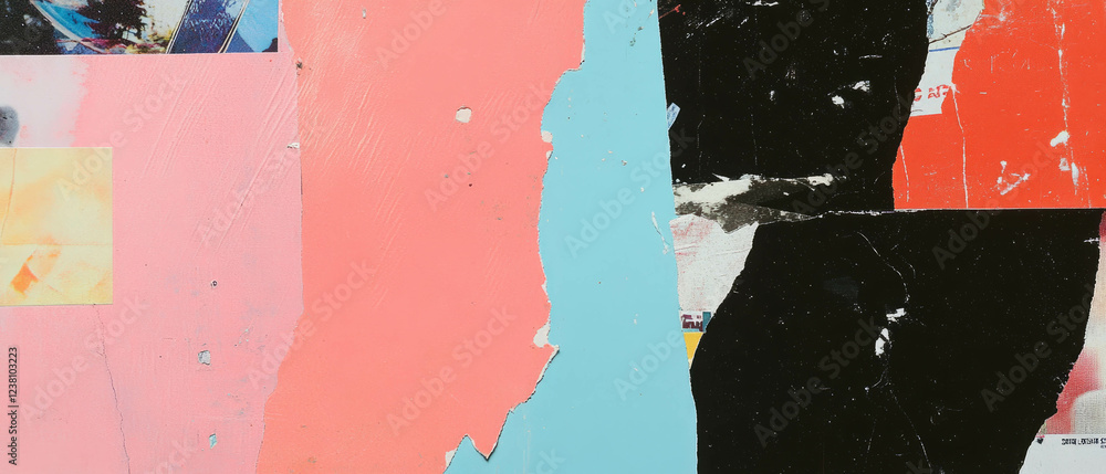 Poster minimalistic scrapbook collage showcasing mixed media textures with torn edges and bold colors