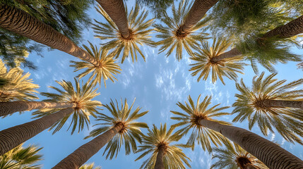 Fototapeta premium Looking up at tall palm trees against a clear blue sky