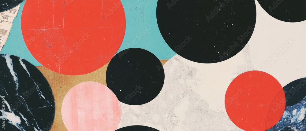 Poster geometric collage showcasing overlapping circles and textured paper in a minimalistic style