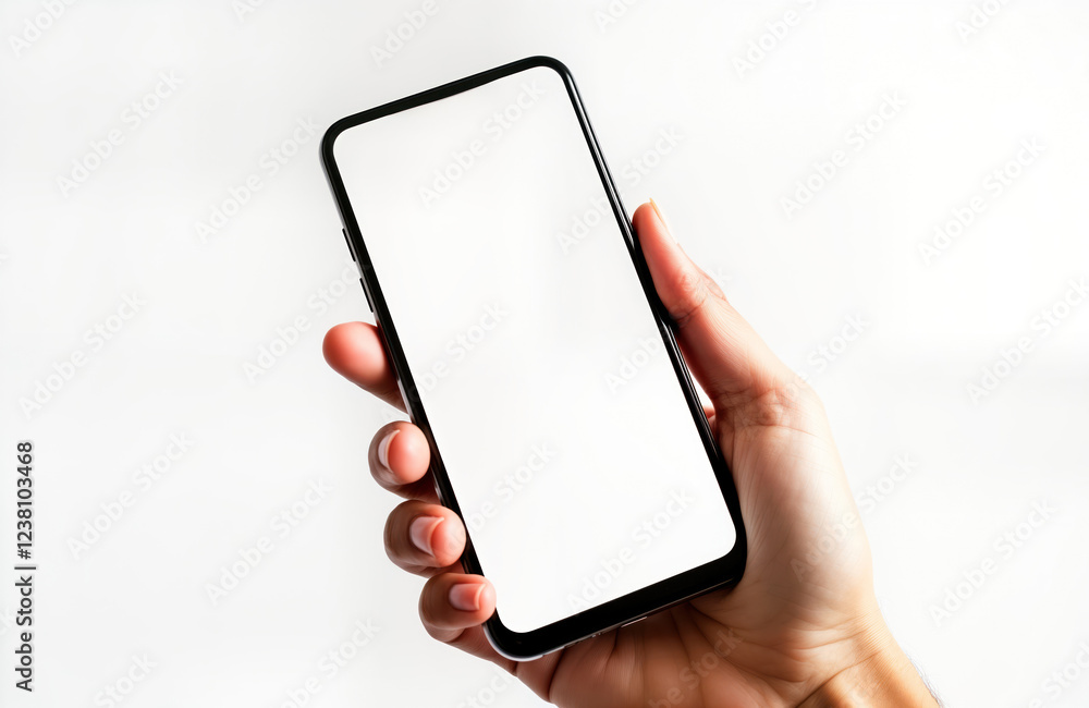 Aufkleber hand holds smartphone with blank white screen. empty display mockup against plain white backdrop. mo