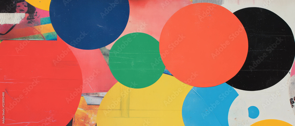 Aufkleber exploring creativity through a minimalistic geometric scrapbook collage with vibrant circles