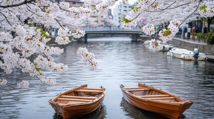 Obraz premium Beautiful cherry blossoms provide a stunning view as they bloom by picturesque canals with wooden boats resting quietly nearby